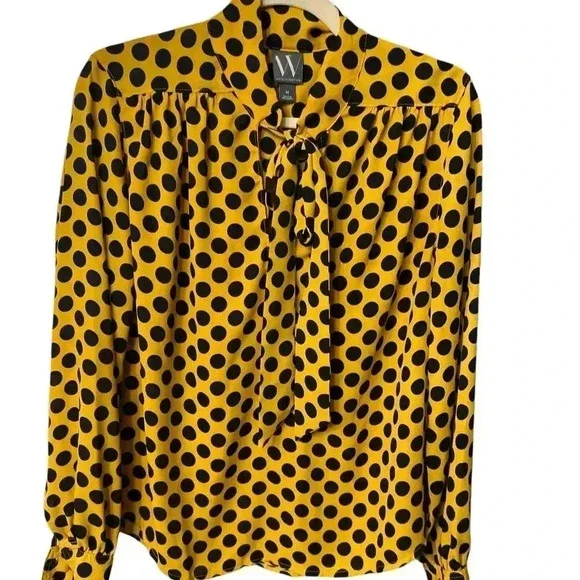 🤎 Worthington Yellow & Black Polka Dot Tie-Neck Blouse | NWT | Size M/L - Picture 6 of 9
